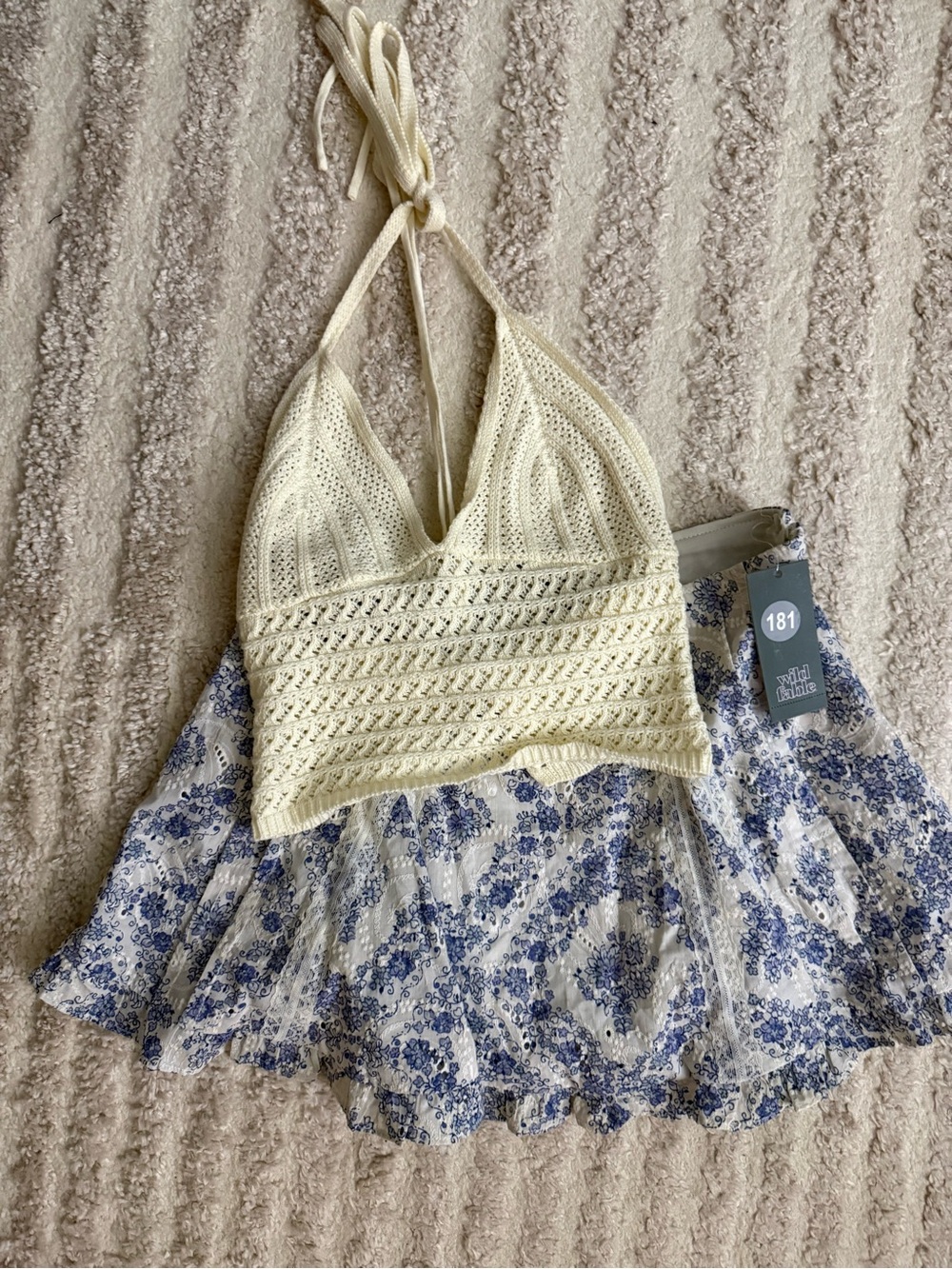 No Brand Cream Crochet Halter Top Size S & Wild Fable Blue Floral Mini Skirt Set